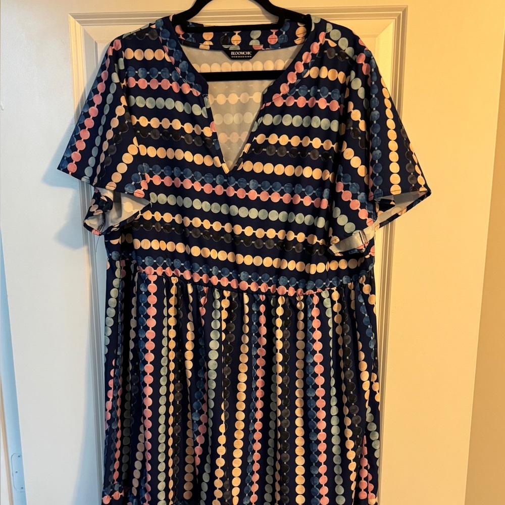 BloomChic Navy and Pink Polka Dot Midi Dress
